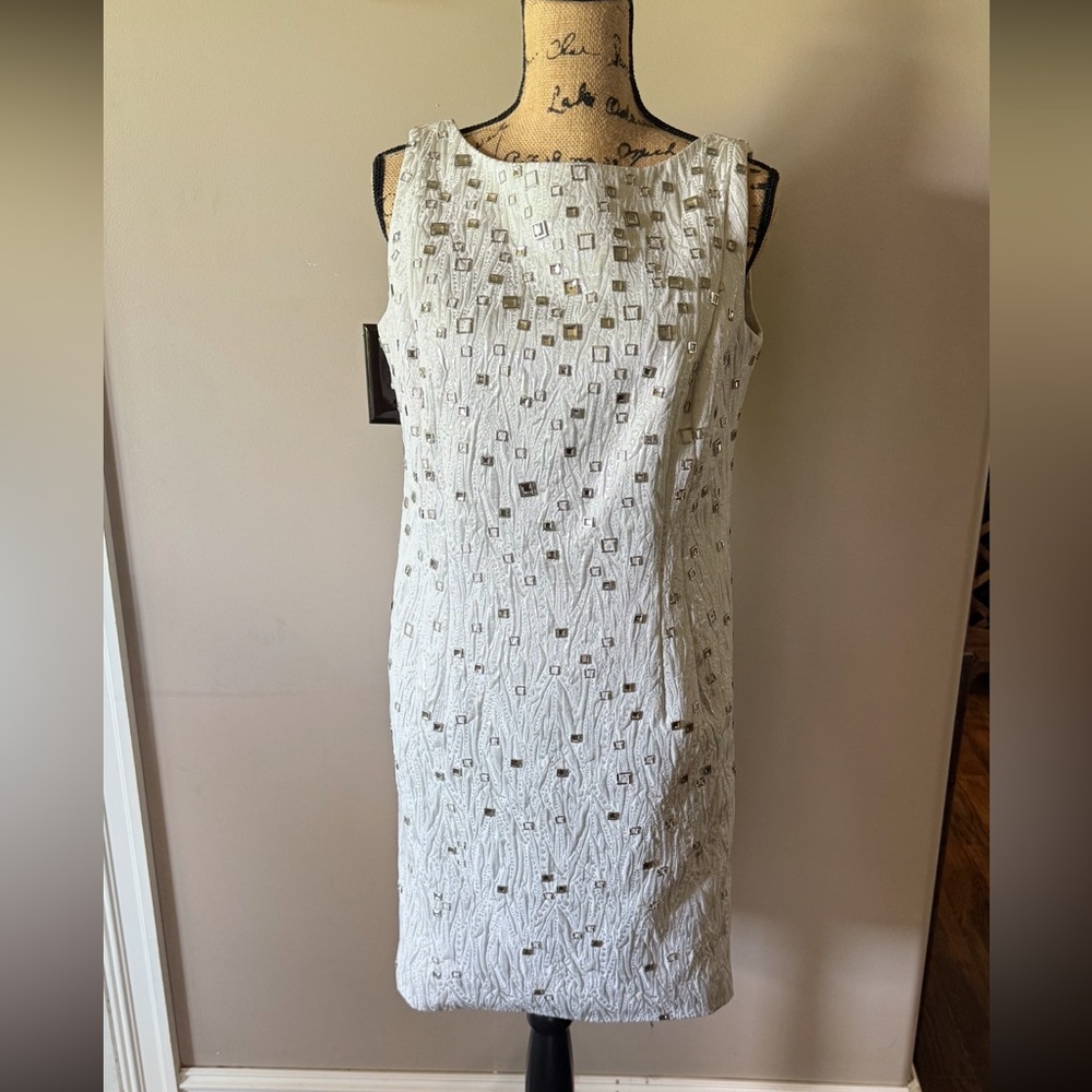 Carmen Marc Valvo White Sequin Sheath Midi Dress